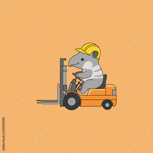 Cute Tapir Wearing Hard Hat Driving a Forklift.