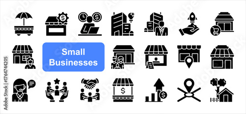 Small businesses icon set, with Entrepreneurship, Self employed, Startup, Business, Marketplace, Community, Growth. simple flat vector.