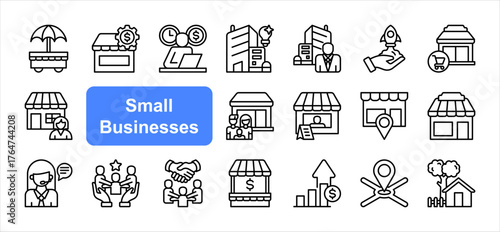 Small businesses icon set, with Entrepreneurship, Self employed, Startup, Business, Marketplace, Community, Growth. simple line vector.