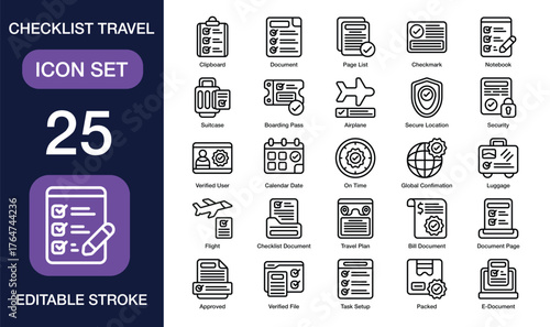 Checklist Travel set of icon in line style. Checklist Travel user interface icon collection. Containing clipboard, document, page list, checkmark, notebook, suitcase and more. Editable Stroke