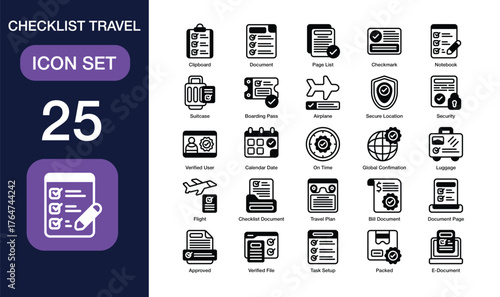 Checklist Travel set of icon in glyph style. Checklist Travel user interface icon collection. Containing clipboard, document, page list, checkmark, notebook, suitcase and more. Editable Stroke
