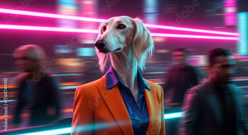 An elegant anthropomorphic dog in an orange suit against a dynamic neon lights background, cinematic style