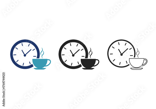 Coffee cup break icon in flat style. Hot drink icon, Clock with tea cup vector illustration 
on white isolated background. Breakfast time business concept, cup of coffee with steam