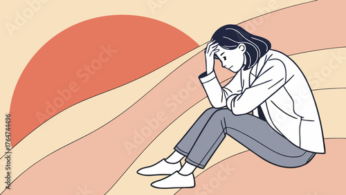 Woman sitting with head in hand, looking sad or depressed, illustration.