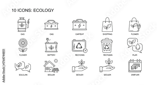 Vector illustration of set of 10 ecology icons including gas, car, battery, shopping, earth, flower, microchip, recycle bin, plan, and solar
