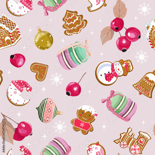A beautiful Christmas pattern featuring gingerbread cookies and Christmas tree decorations, perfect for decorating textiles and wrapping paper.