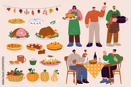 Thanksgiving food and family gathering composition in hand-drawn flat cartoon style