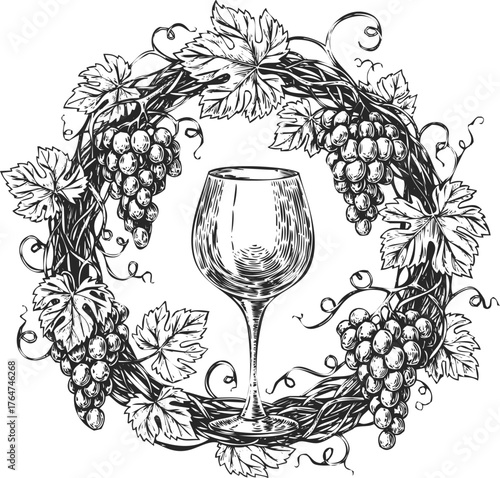 Elegant outline of wine glass and grapes wreath celebrating vineyard harvest and wine tasting moments engraving art