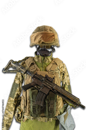 Papier peint A mannequin is depicted wearing a camouflage Ukrainian military uniform, includi