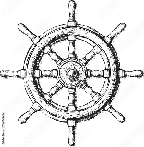 Vintage nautical ship wheel steering mechanism old mariner boat helm control guidance direction engraving art