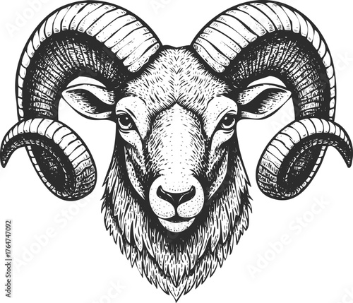 Detailed zodiac symbol aries ram head with intricate horns and astrology symbol above for celestial horoscope engraving art