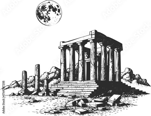 Ancient greek temple ruins under a full moon a dramatic sketch of classical architecture and lunar light engraving art