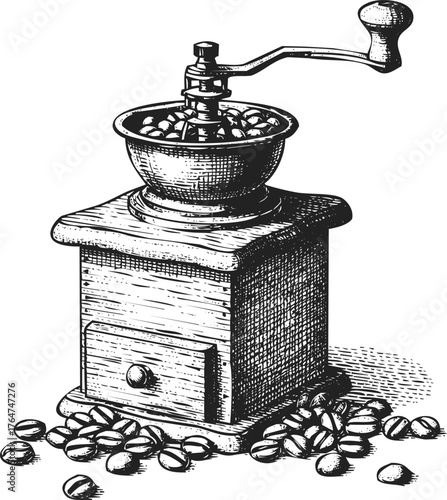 Vintage manual coffee grinder with roasted beans sketch artistic vintage hand crank coffee mill kitchen tool engraving art