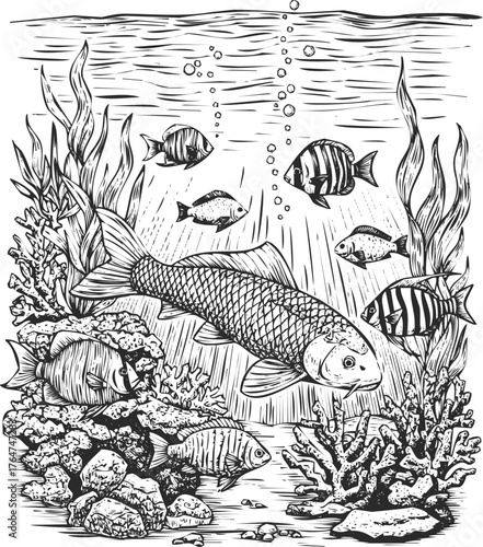 Detailed hand drawn underwater scene with koi fish rocks aquarium plants and bubbles in black and white engraving art