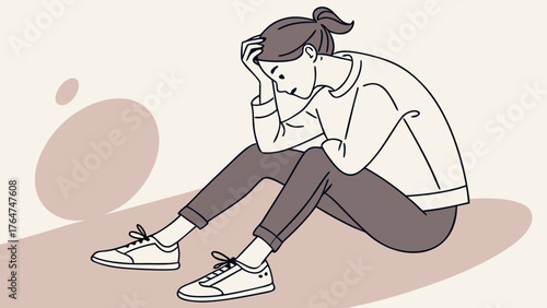 Illustration of a sad, unhappy young woman sitting on the floor feeling stressed, depressed, and lonely.