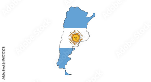 Argentinian map with national flag colors and sun emblem on white background