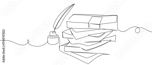 Stack of banknotes and quill pen, one continuous line, vector art line. Hand drawn doodle line art linear drawing editable stroke