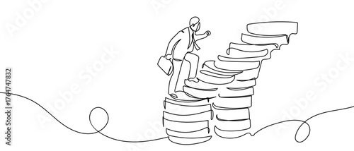 Finance business illustration. Business people walking up a pile of coins. One continuous line. Vector line art. Hand drawn doodle line art linear drawing editable stroke
