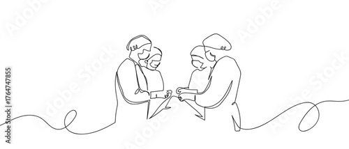 Doctor is performing surgery, one continuous line, vector line art. Hand drawn doodle line art linear drawing editable stroke
