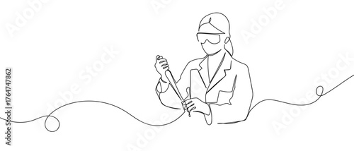 Female researcher experimenting with chemicals. One continuous line. Vector line art. Hand drawn doodle line art linear drawing editable stroke