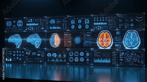 Advanced futuristic medical interface displaying detailed MRI brain scans and neurological data for research