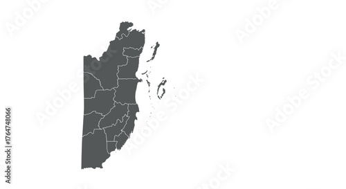 Belize map silhouette with district borders on white background