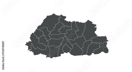 Simplified map of bhutan with regional borders in black silhouette