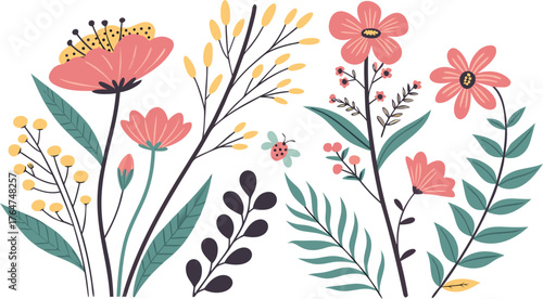 Beautiful romantic flower collection vector illustration of colorful floral collection featuring various flowers, leaves, and branches in flat modern style. Includes floral bouquets, flower compositio