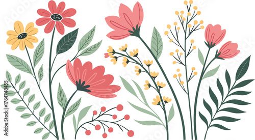 Beautiful romantic flower collection vector illustration of colorful floral collection featuring various flowers, leaves, and branches in flat modern style. Includes floral bouquets, flower compositio
