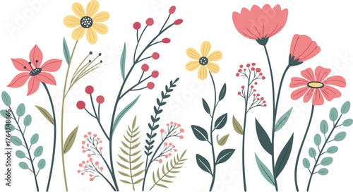 Beautiful romantic flower collection vector illustration of colorful floral collection featuring various flowers, leaves, and branches in flat modern style. Includes floral bouquets, flower compositio