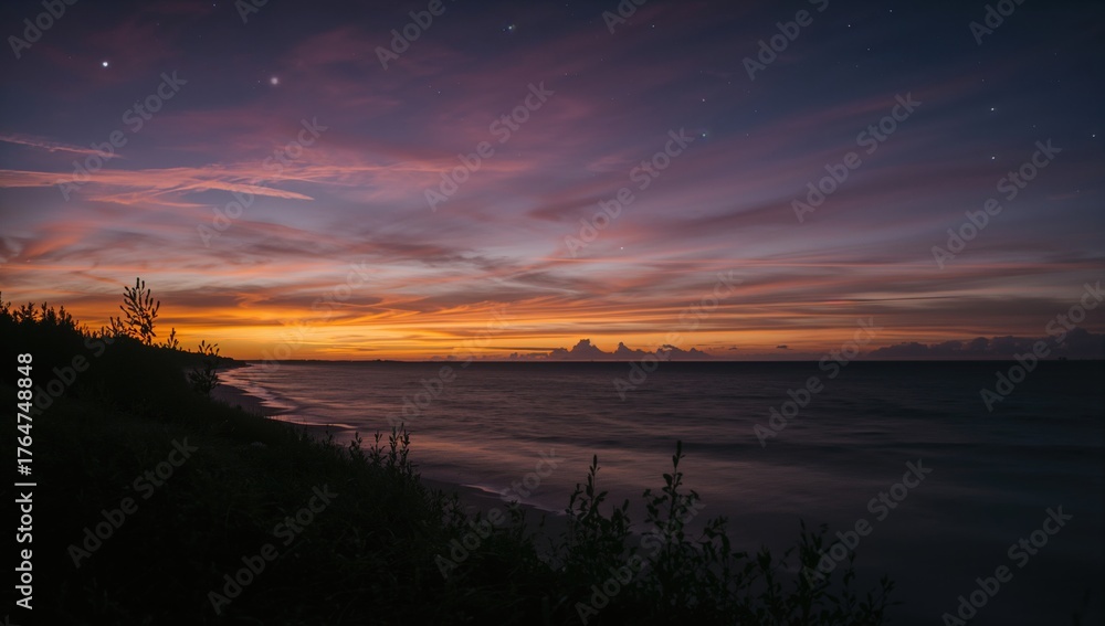 Obraz premium Summer evening by the northern Baltic Sea with vibrant skies, dark outlines of the shoreline, and lush plants.