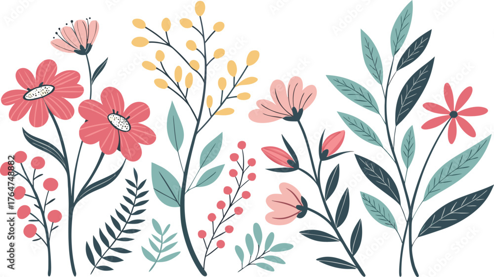 Fototapeta premium Beautiful romantic flower collection vector illustration of colorful floral collection featuring various flowers, leaves, and branches in flat modern style. Includes floral bouquets, flower compositio