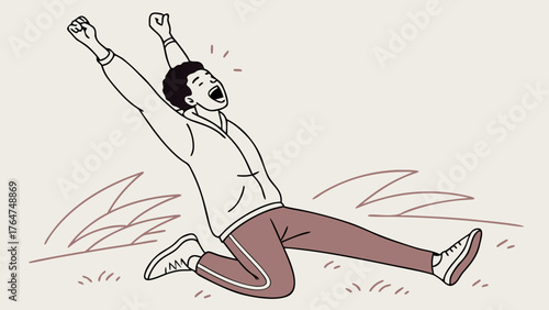 A young man falls to his knees in triumph, arms raised in celebration and mouth open in a joyous shout.