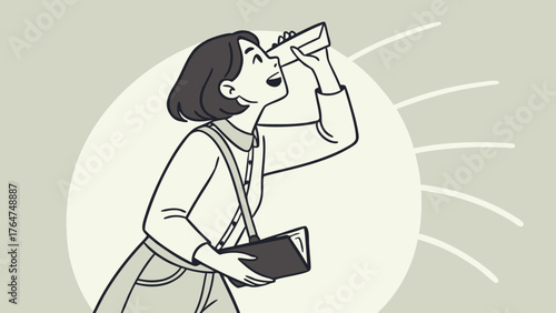 An illustration of a young woman happily drinking from a carton while holding a book and looking up.