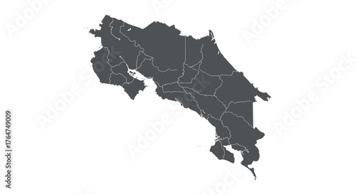 Gray silhouette map of costa rica with provincial borders on white background