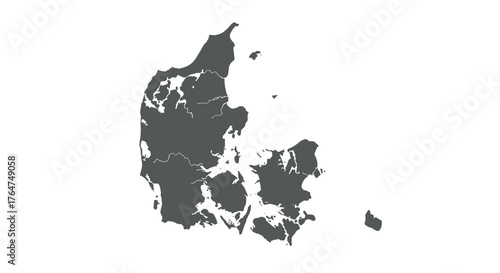 Gray silhouette map of denmark with highlighted regions on white background