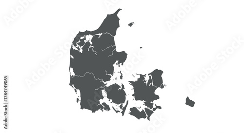 Detailed gray silhouette map of denmark with regions and water bodies marked