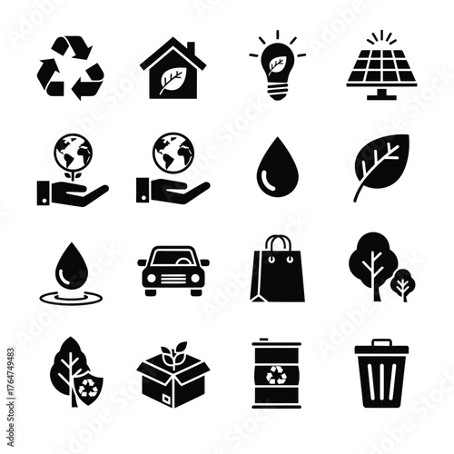 Vector illustration of collection of black silhouette icons representing environmental protection, renewable energy, and ecofriendly practices