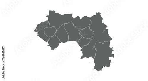 Monochrome map of guinea showing regions with borders in minimalist style
