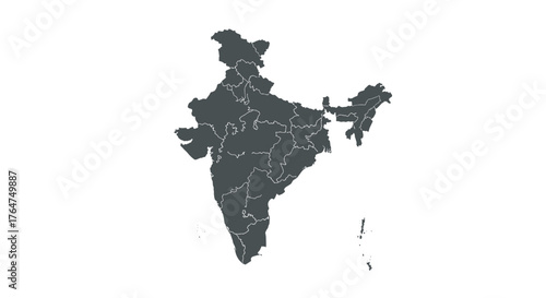 Detailed silhouette map of india with state borders on white background