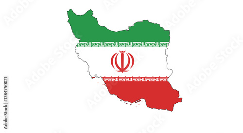 Map of iran with flag colors and national emblem overlay