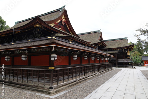 A Japanese shrine : a scene of the back side of Hon-den Main Hall in the precincts of Kitano-tenmangu Shrine in Kyoto City