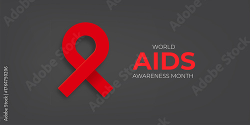 World AIDS awareness month banner with red ribbon. World HIV awareness month starts in December. Red ribbon with text isolated on grey background. World AIDS Day December 1st