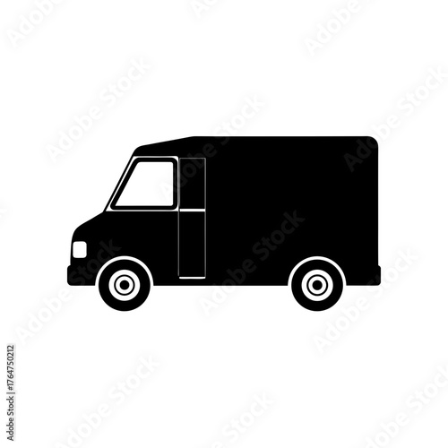 Black delivery van graphic, sleek transport icon for logistics, shipping, moving services, vector origin