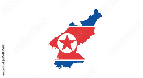 North korea map with flag colors and emblem on white background