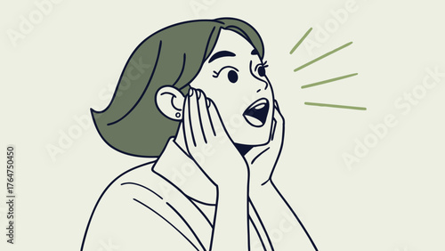 Line art illustration of a young woman with a shocked and surprised expression, hands cupped around her open mouth.