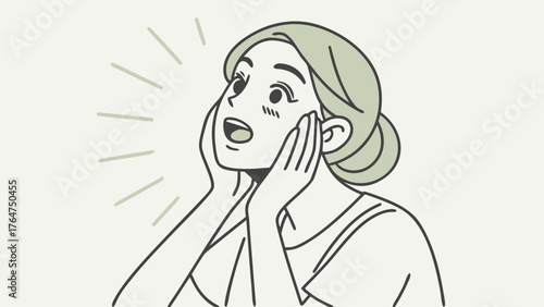 Minimalist line art illustration of a woman looking up with a surprised and amazed expression, hands on her cheeks.