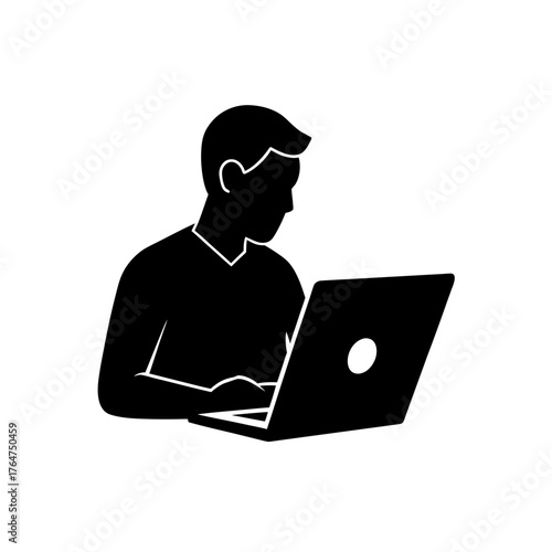 Focused coder working on laptop, showcasing developer, programmer or IT worker icon for tech presentations