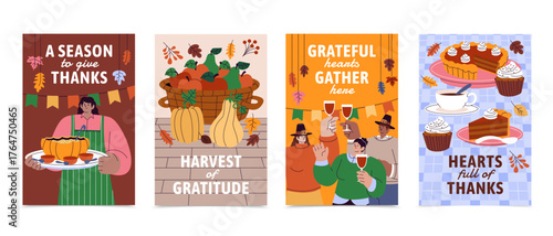 Thanksgiving greeting cards with harvest and gratitude quotes in hand-drawn flat cartoon style