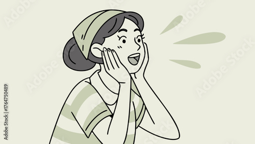 A surprised woman with her hands on her cheeks, looking to the side with her mouth open.